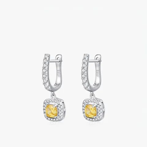 925 Sterling Silver Drop Earrings With Yellow Square Cushion Cut Cubic Zirconia Pave White Zircon For Women Elegant Jewelry