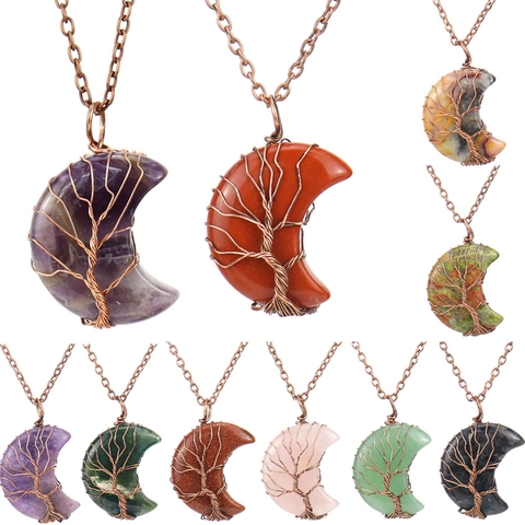 Handmade Crescent Moon Pendant Necklace Natural Stone Crystal Tree Of Life Wire Wrapped Bohemian Vintage Healing Jewelry For Women