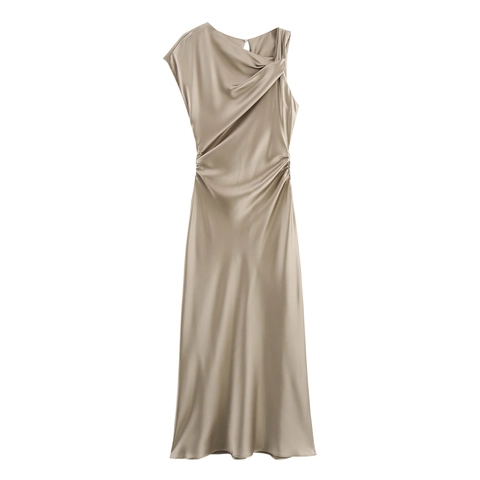 Women Satin Maxi Dress Elegant Asymmetric Twist Knot Short Sleeve French Style High Waist Solid Color Evening Party