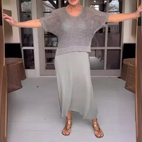 Top In Maglia Traforata A Maniche Corte E Abito Lungo Senza Maniche Da Donna Tinta Unita Casual Elegante