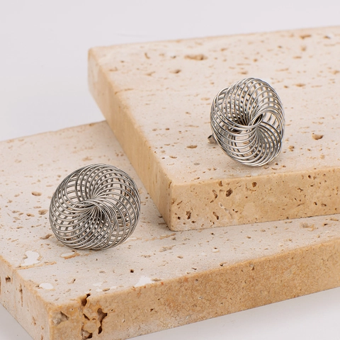 Pendientes De Botón Geométricos Circulares Acero Inoxidable 304 Malla De Alambre En Espiral Diseño Nido De Pájaro