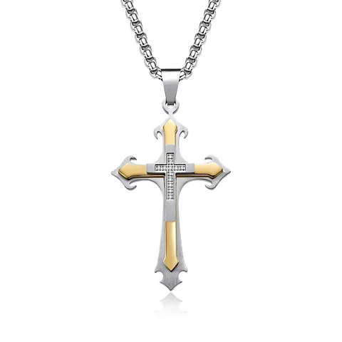 Kruis Hanger Ketting Roestvrij Staal Strass Ingelegd Meerlaags Retro Religieuze Sieraden Voor Mannen Jongens Trendy Stijl