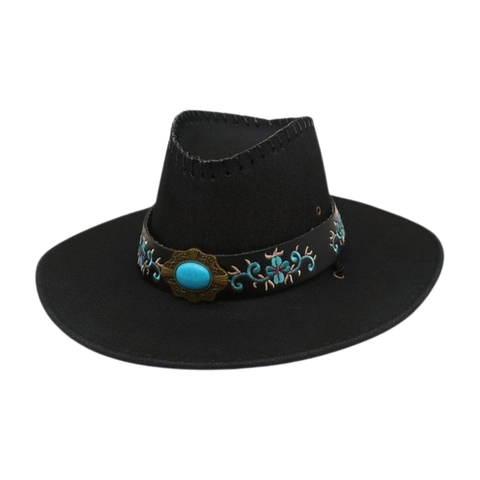 Western Cowboy Hat Wide Brim Sun Protection Ethnic Embroidered Leather Band With Turquoise Retro Style For Outdoor
