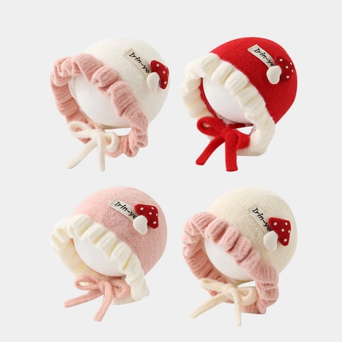 Korean Style Baby Girl Cute Rabbit Flower Mushroom Plush Winter Hat Warm Thick Knitted Ear Protection Bonnet For Infants