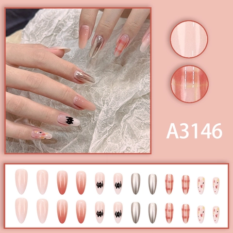 Uñas Postizas Almendradas Cuadros Patrón Gato Degradado Rosa Plata Metálico Brillante Uñas Artificiales Para Mujeres