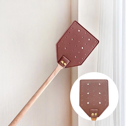 Tapette À Mouches Manuelle Tête En Similicuir Manche Long En Bois De Hêtre Durable Lutte Contre Les Nuisibles Rétro