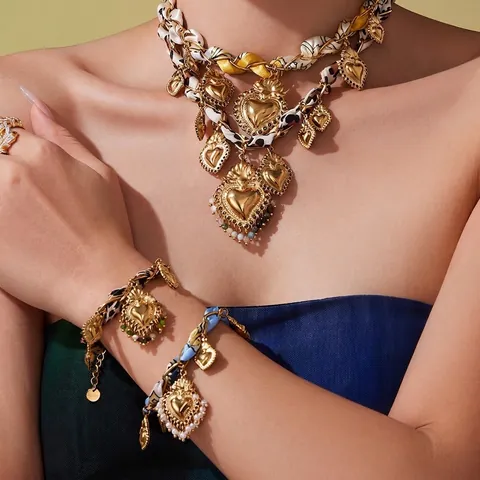 Set Di Gioielli Collana E Bracciale Ciondoli Cuore Acciaio Inossidabile Sciarpa Raso Leopardo Boemo Barocco Donne