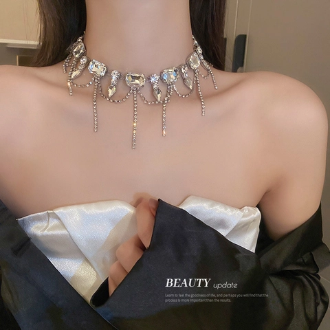Collar De Borlas De Diamantes De Imitación Exagerado Mujeres Lujo Gargantilla De Cobre Gran Cristal Rectangular Joyería Elegante