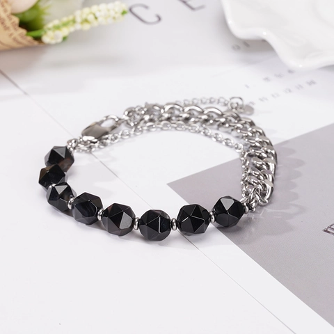 Bracciale in Acciaio Inossidabile con Pietra Naturale Occhio di Tigre Agata Nera per Uomo Donna Catena Cubana Punk Gioielli