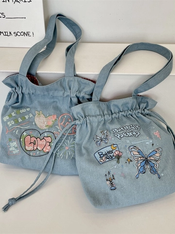 Sac À Épaule En Jean Brodé Avec Cordon De Serrage Et Doublure À Carreaux Grand Sac Cabas Esthétique Pour Femmes