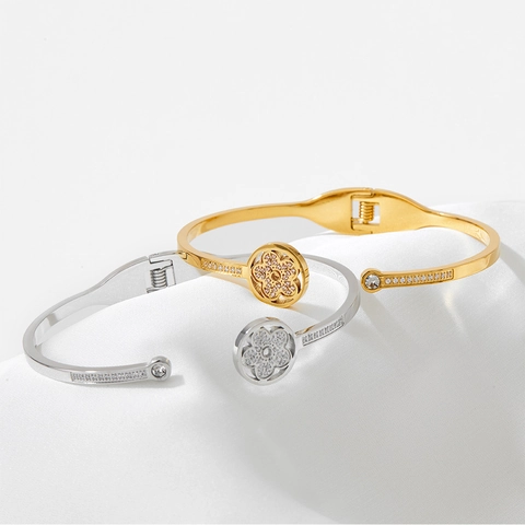 Bracciale Rigido In Acciaio Inossidabile Con Fiore Stella Zirconia Regolabile Aperto Per Donne Gioielli