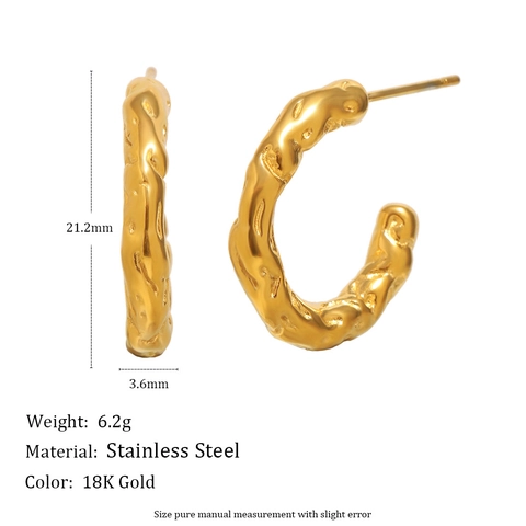 Creolen Voor Dames Roestvrij Staal 18K Verguld C-Vorm Onregelmatige Gehamerde Textuur Minimalistische Euro-Stijl Niche