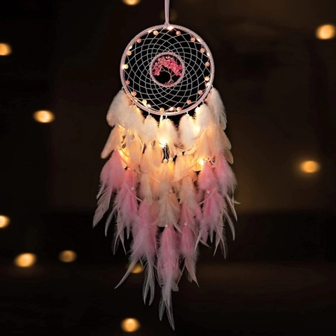 Tree Of Life Dream Catcher Handmade Feather Wall Hanging Rose Quartz LED Light Warm Glow Boho Decor Bedroom Nursery