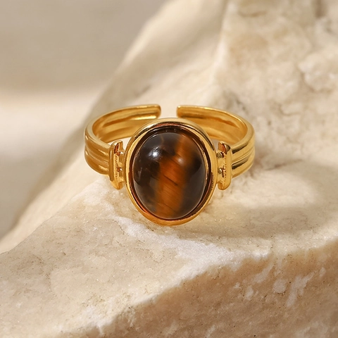 Anillo Regolabile Aperto Pietra Naturale Ovale Acciaio Inossidabile Placcato Oro Gioielli Vintage Retro Donna