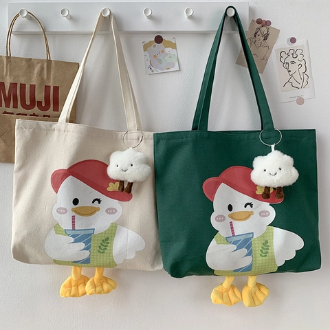 Cute Cartoon Duck Canvas Tote Bag With Plush Feet And Cloud Charm Large Capacity Shoulder Handbag For Women Student Casual