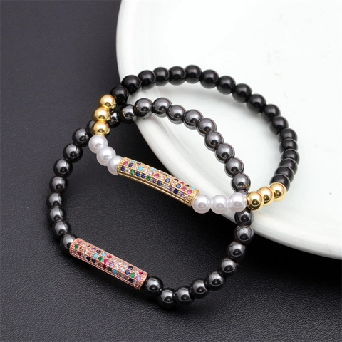 Pulsera De Cuentas Ojo De Tigre Piedras Mate Con Tubo Curvo De Circonita Colorida Elástica Joyería De Moda Minimalista