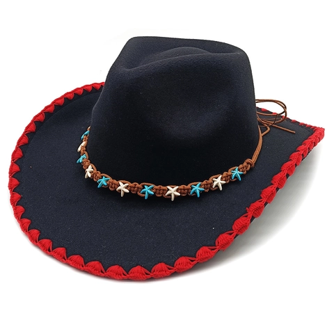 Cappello Da Cowboy Western Feltro Cotone Poliestere Tesa Larga Fascia Intrecciata Perline Stella Marina Stile Etnico Uomo Donna