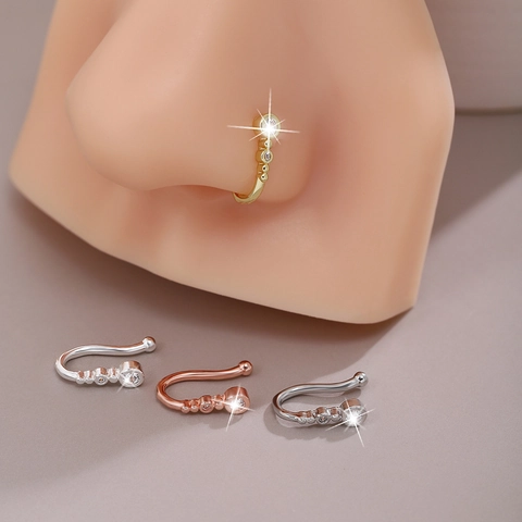U Shaped Non Pierced Nose Clip Copper Zircon Inlaid Minimalist Geometric Nose Ring Jewelry For Women