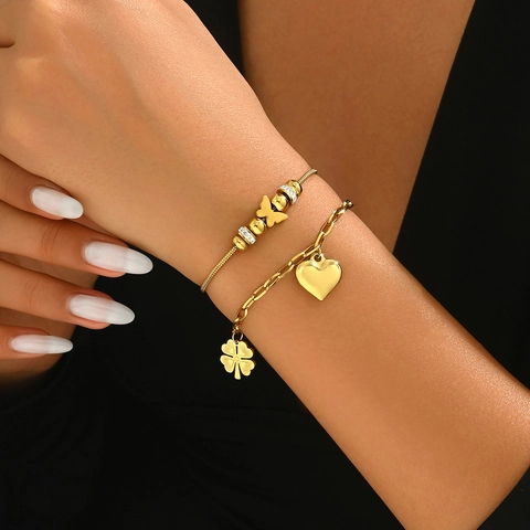 Stainless Steel Butterfly Heart Four Leaf Clover Bracelet For Women Gold Plated Rhinestone Beaded OT Buckle Fashion Jewelry