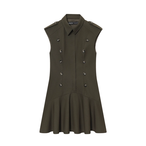 Mouwloze Mini Jurk Militaire Stijl Dames Dubbele Rij Knopen Revers Schoudervulling Geplooide Zoom Olijfgroen Polyester