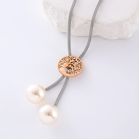Collar Colgante Árbol De La Vida Acero Inoxidable 304 Cadena Malla Con Perla Artificial Sintética Cadena Larga Ajustable Joyería