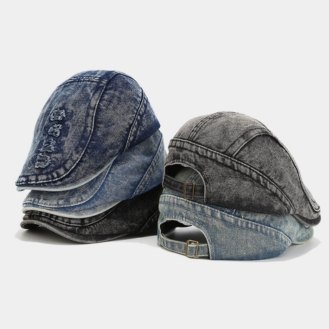 Vintage Washed Denim Flat Cap Distressed Loch Stickerei Retro Ivy Hut Verstellbare Lässige Baskenmütze