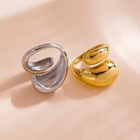 Anello Acciaio Inossidabile Placcato Oro 14K Impermeabile Forma Goccia D'acqua Organica Irregolare Regolabile Gioielli Donna