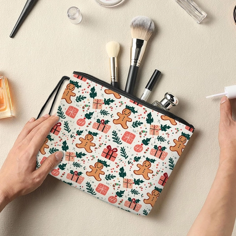 Borsa Trucco Con Stampa Omino Di Pan Di Zenzero Di Natale Pochette Da Toilette Portatile In Lino Con Cerniera E Cinturino Da Polso