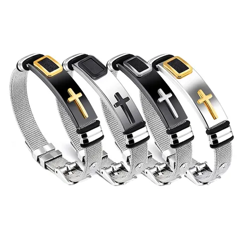 Men Stainless Steel Cross Bracelet Adjustable Milanese Mesh Strap Religious Scripture Fashion Hip Hop Jewelry