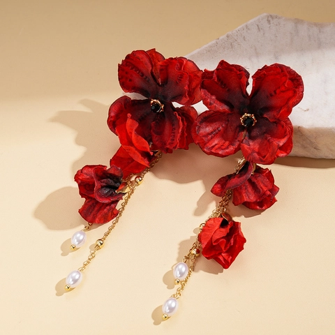 Red Fabric Flower Tassel Earrings With Imitation Artificial Pearl And 925 Sterling Silver Earring Post Vintage For Women
