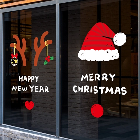 Christmas New Year Window Stickers Static Cling Decals PVC Santa Reindeer Glass Showcase Holiday Decor Both Sides Patterns