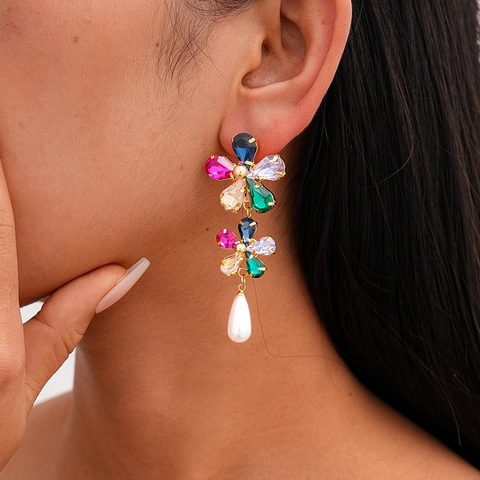 Orecchini Pendenti A Fiore Con Strass Colorati Perla Artificial Imitazione A Goccia E Perno In Argento Placcati Oro 18k