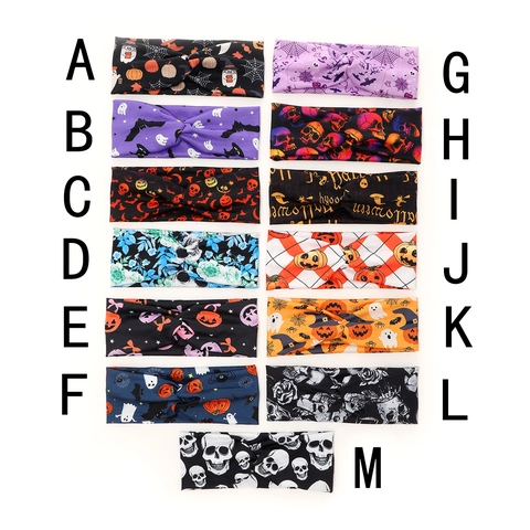 Halloween Headband Twisted Layered Elastic Fabric Sweat Wicking Hair Band For Yoga Running Sports Pumpkin Skull Print