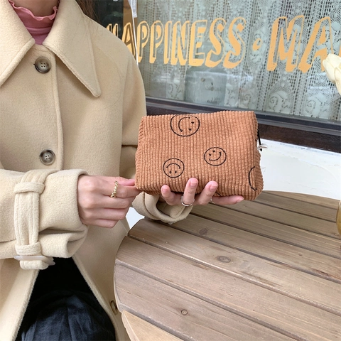 Vintage Corduroy Makeup Bag Smile Polka Dot Large Capacity Zipper Travel Cosmetic Organizer Pouch Women Coin Purse Storage Bag