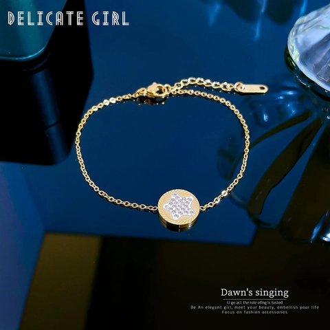 Bracciale In Acciaio Inossidabile Zircone Stella Pendente Disco Rotondo Catena Regolabile Gioielli Eleganti Minimalisti Per Donna