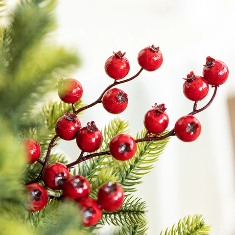 Artificial Red Berry Branches Christmas Holly Berries Stems Plastic Foam Decoration Home Vase Filler New Year Party Festive