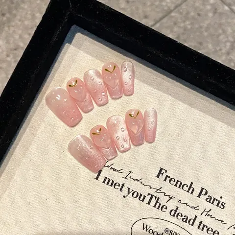 Handmade Sweet Pink Peach Press On Nails With 3D Water Drop Decor Cat Eye Gradient Short Oval Coffin Fake Nails For Women