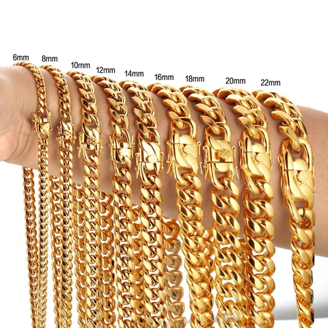 Cuban Link Chain Necklace Stainless Steel 18K Gold Plated Miami Curb Hip Hop Punk Jewelry For Men Women Box Clasp