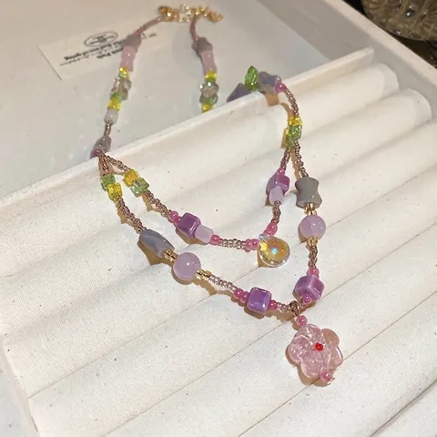Collier Perles Double Rangée Perles Verre Lampwork Colorées Pendentif Fleur Rose Goutte D'eau Bijoux Chaîne Clavicule Pour Femmes