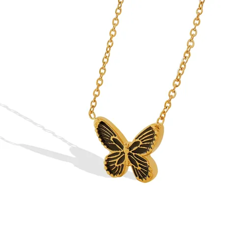 Collar Con Colgante De Mariposa Acero Inoxidable De Titanio Esmalte Negro Bohemio Vintage Cadena De Clavícula Dorada
