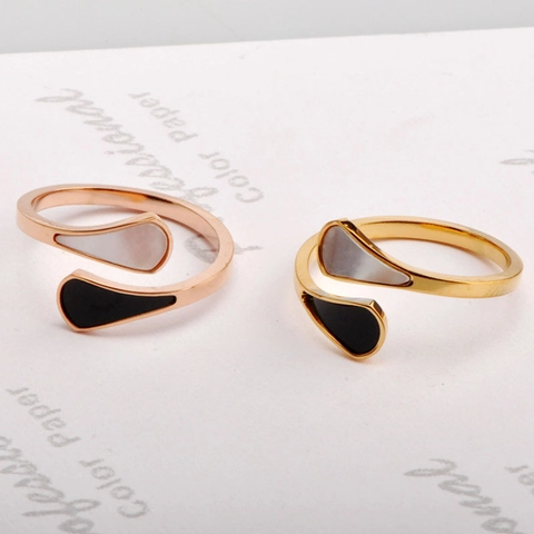 Minimalist Titanium Steel Open Ring For Women Rose Gold Gold Plated Black White Artificial Pearl Teardrop Finger Ring Jewelry