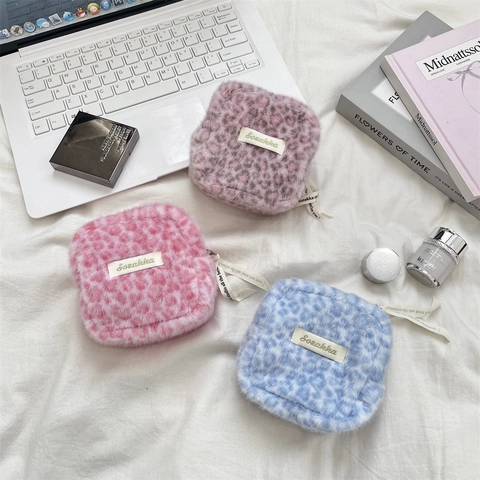 Luipaardprint Pluche Vierkante Tas Zachte Draagbare Maandverband Opbergtas Mini Cosmetische Organizer Met Rits