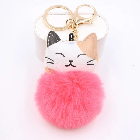 Cute Lucky Cat Keychain PU Leather Kitten Head With Faux Fur Pom Pom Bag Charm Accessory Kawaii Gift For Women Girls