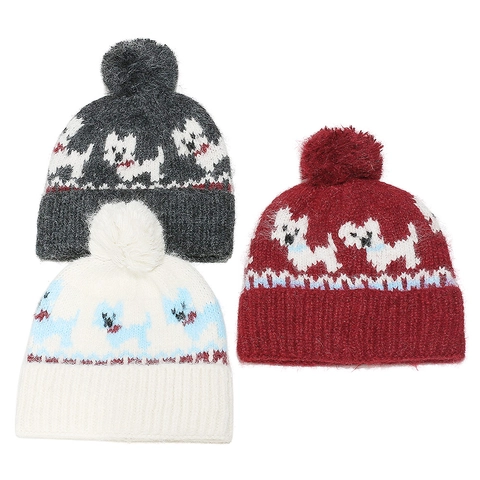 Berretto In Maglia Invernale Da Donna Simpatico Motivo Jacquard Con Cane Caldo Pom Pon In Acrilico Per Attività All'Aperto