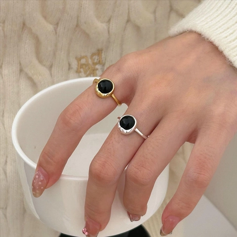 Anello Minimalista In Argento Sterling 925 Con Agata Nera Da Donna Anello Aperto Regolabile Tondo Geometrico Retrò Coreano