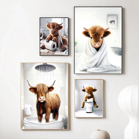 Funny Highland Cow Bathroom Wall Art Humorous Scottish Cow Canvas Painting Whimsical Animals Poster Home Decor