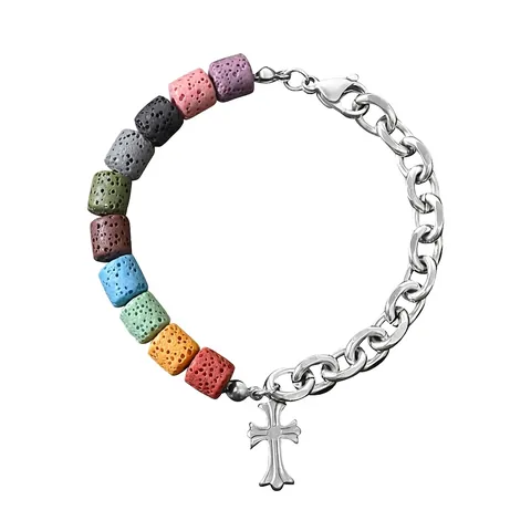 Bracciale In Acciaio Inossidabile Perline Quadrate In Pietra Lavica Vulcanica Colorata Mezza Catena Ciondolo A Croce