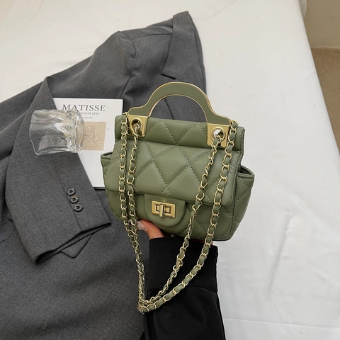 Quilted Rhombus PU Leather Crossbody Bag With Metal Handle Chain Strap Small Square Handbag For Women Vintage Chic