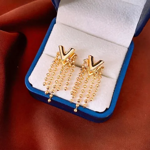 Vintage V-Shaped Tassel Earrings With Silver Earring Post Copper Gold Plated Long Ball Chain Minimalist For Women