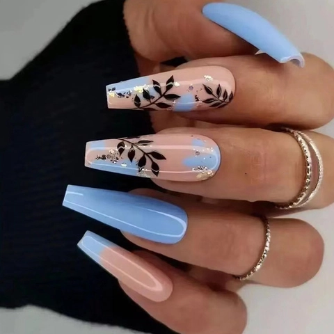 Unghie Finte Press On Blu Nude Lunghe Coffin Foglia Oro Motivo Foglie Nere ABS Lucido Unghie Artificiali